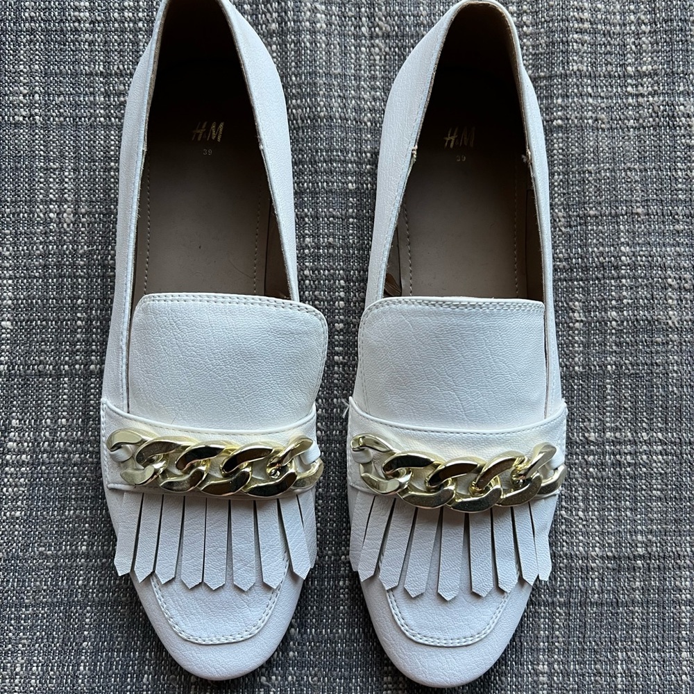 H&M White Flats with Gold Chain Accent